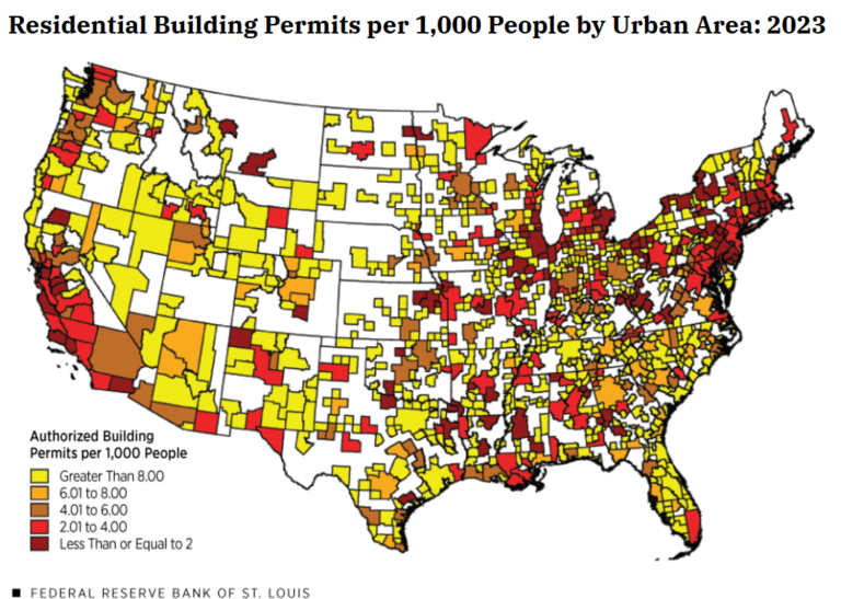 Map showing residential permits per 1,000 people in 2023. Shows very low permitting rates in Marin County.